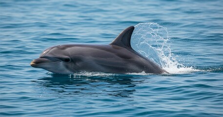 A dolphin gracefully swimming in the vast ocean making waves in the serene water