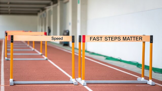 Hurdles lined up on a track ready for a competition - Powered by Adobe
