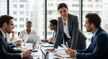 Diverse professionals in business attire collaborating around a conference table some looking at laptops and tablets