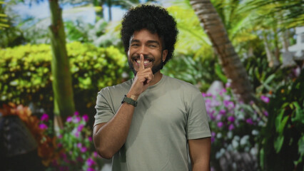 African american man in park outdoor making silence gesture surrounded by lush green trees and...