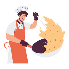 Chef Cooking with a Wok Illustration