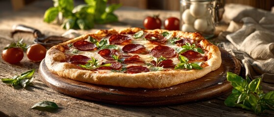The Pepperoni Pizza on Wooden Board with Fresh Basil and Tomatoes