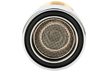 Faucet aerator with a metal mesh screen for saving water on a transparent background