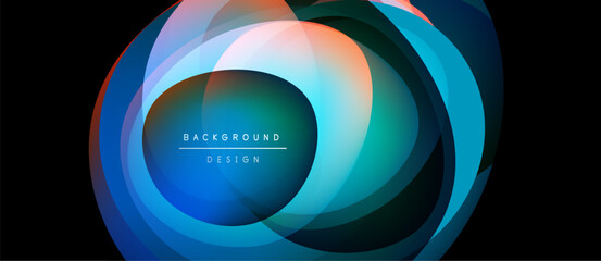 Abstract layered shapes create vibrant circular design. Blue, teal, orange hues blend seamlessly. Modern background element.