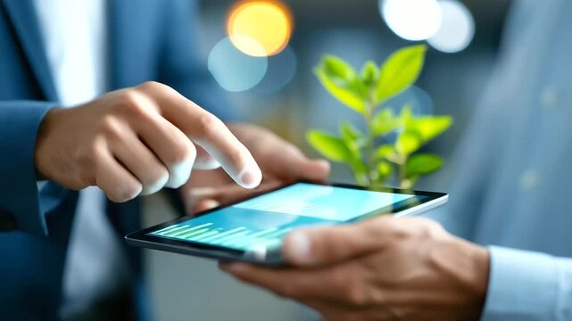 Business professionals analyze ESG data on a tablet discussing carbon footprint reduction renewable energy charts glowing a small plant symbolizing sustainability ESG analysis