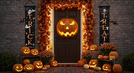 Title: Spooky 'Trick or Treat' Halloween entrance with a large carved pumpkin on the door and glowing jack-o'-lanterns