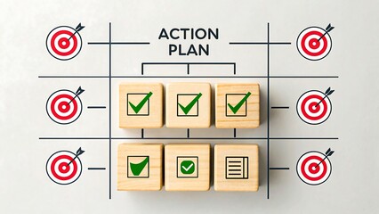 Action plan concept with wooden cubes check marks and red target icons
