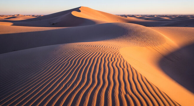 Golden sunlight bathes the undulating sand dunes of the vast desert, creating a mesmerizing pattern of light and shadow