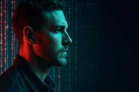 Man in profile with futuristic lighting and a digital background.
