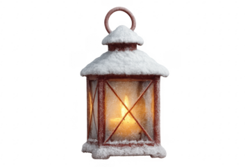 Christmas lantern with candle light, snow covered