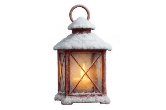 Christmas lantern with candle light, snow covered