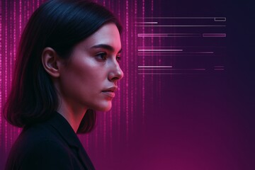 Woman in a futuristic setting with data visualization