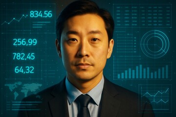Asian businessman with data visualizations