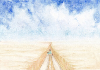 Rural nature landscape woman, daughter and dog walk path in wheat field on summer sunny day beautiful cloudy air sky watercolor painting