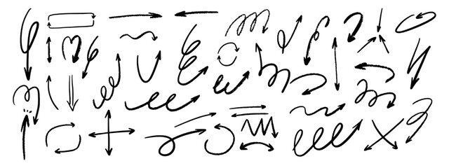 Hand drawn crayon and pencil arrow set. Scratched chalky lines and whimsical pointers.