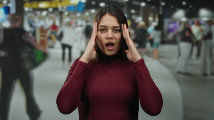 Woman with brown hair in a red sweater appears stressed at a busy airport terminal with blurred travelers in the background.