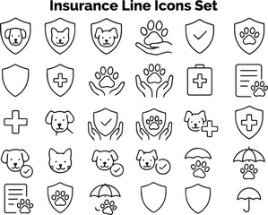 Vector outline icons for pet and animal health insurance, veterinary care, and protection coverage
