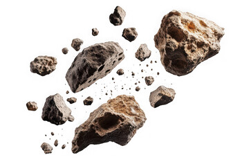 Asteroids and space rocks floating in black void with dust particles debris cosmic