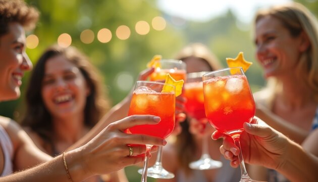 Young friends cheer with bright red orange cocktails outdoors. People enjoy summer party, laugh, smile, drink refreshing aperitif beverages. Group socializes, toasts outside in sunny garden. Happy
