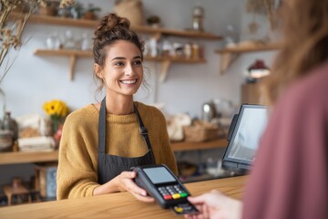Barista accepting smartphone contactless payment