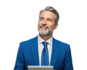 Mature businessman with grey beard and hair, wearing a blue suit and tie, holding a tablet and looking up thoughtfully, isolated on transparent background