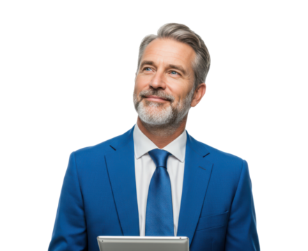 Mature businessman with grey beard and hair, wearing a blue suit and tie, holding a tablet and looking up thoughtfully, isolated on transparent background