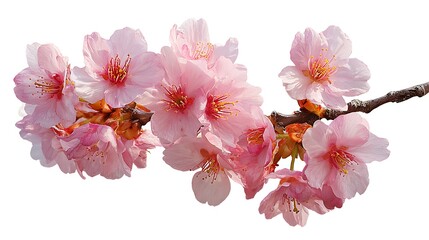 Fototapeta premium Delicate Pink Cherry Blossoms in Full Bloom on a Branch Isolated on White
