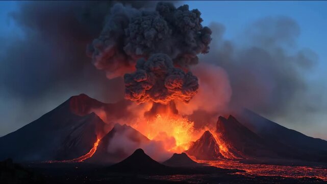 A dramatic volcanic eruption with molten lava flows and dense ash cloud against a dark sky, depicting a natural disaster footage.