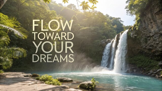 Serene waterfall with vibrant greenery and inspirational quote about pursuing dreams in tranquil nature setting