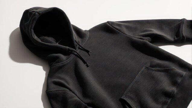 A close-up shot of a dark gray hooded sweatshirt laying on a white background