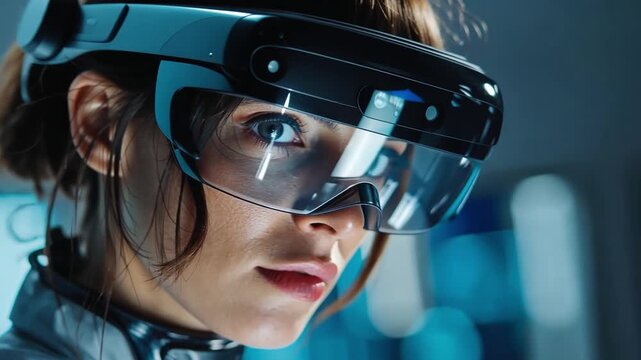 Evolutionary Behaviour, employees in VR lab simulating future workplace evolutionary behaviours, cutting-edge visuals.