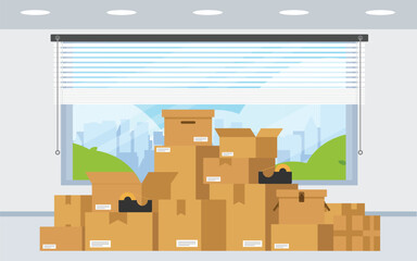 Room filled with stacked cardboard moving boxes containers.