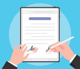 Business person signing a digital contract on a tablet.