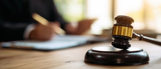 The gavel on a wooden desk with judge, legal documents and courtroom ambiance