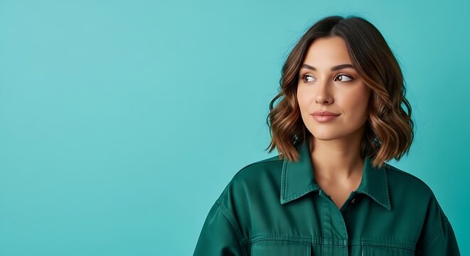 A young woman with shoulder-length brown hair and a green shirt looks to the side against a teal background.