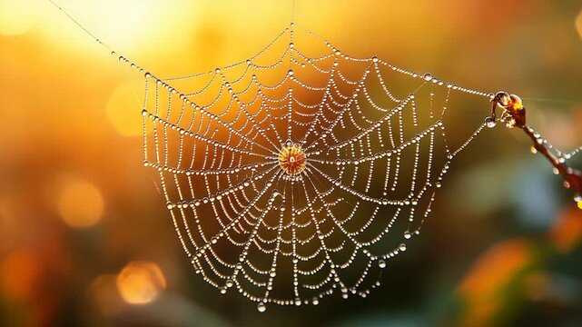 Dew Drops on Spider Web in Golden Morning Sunlight.