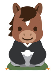 裃を着て正座した馬のキャラクター 正月用の和風イラスト
