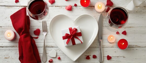 The heart-shaped plate with gift and romantic candlelit dinner setting for two