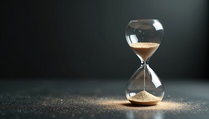 Hourglass on dark background showing time passing. Sand flows through glass device symbolizing moment ending. Time concept with sand timer representing deadline. Countdown imagery evokes urgency.