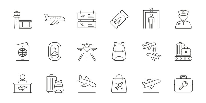 Fototapeta Airport And Travel Icon Set. Aviation, Security, And Luggage Management Outline Symbol Collection. Passport, Boarding Pass And Flight Operations. Editable Stroke. Isolated Vector Illustration