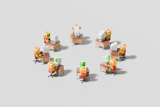 Robots working at computers in office arranged in a circle pattern
