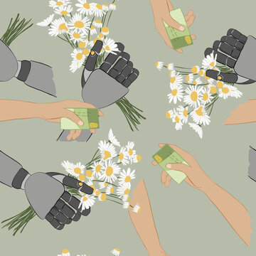 Robot and human hands exchanging flower bouquets and credit cards illustration