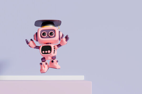 3d pink robot with graduate cap coding in office setting