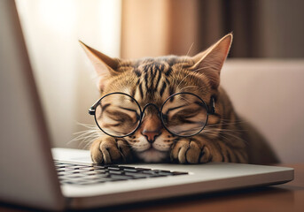 Sleepy Cat Napping on Laptop After a Long Workday, Tabby cat with glasses rests on keyboard in cozy workspace