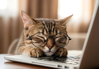 Sleepy Cat Napping on Laptop After a Long Workday, Tabby cat with glasses rests on keyboard in cozy workspace