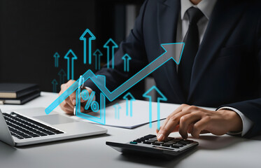 Home and Residential Analysis to Drive Growth and Business Strategy Laptop and Calculator with Up Arrow and Percentage Icon
