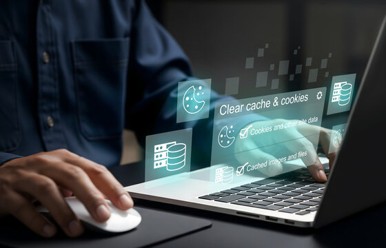 Clearing Browser Data for Privacy and Performance Boost, Laptop screen shows cache and cookie cleanup in user settings