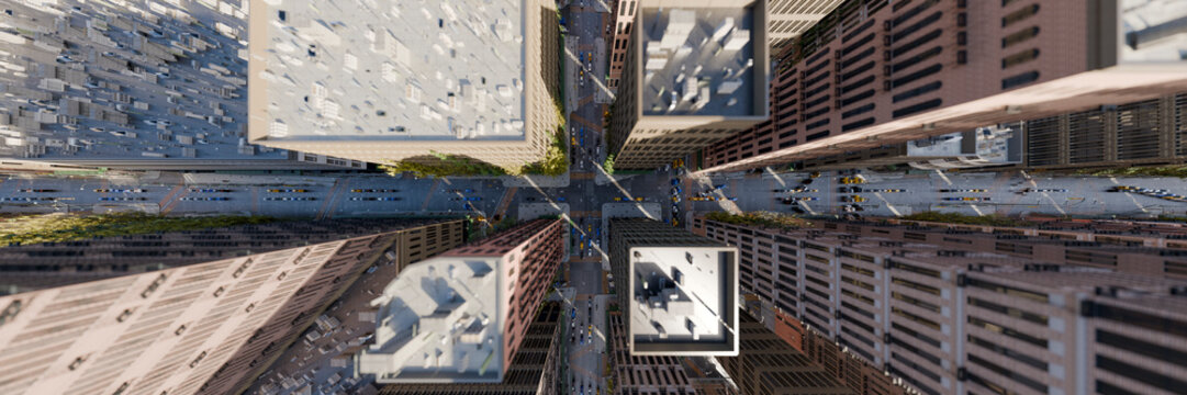 Aerial 3d cityscape with streets and traffic viewed from directly above