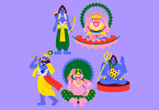 Blue And Green Flat Design Hindi Gods Asset Illustration