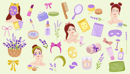 Set of lavender illustrations for personal care, spa products, cosmetic bag, face cream, hand lotion, aromatic oil, collagen, retinol, eye patches, face mask, comb, hairbrush, lipstick, bow, soap
